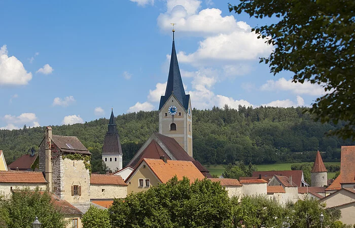 Stadtansicht mit Stadtpfarrkirche und Wehrmauer