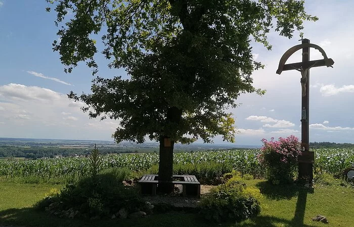 Herrliche Aussicht am Mädchenkreuz - am Südrand der Frankenalb bei Marxheim - Wanderweg Monheimer Alb Nr. 11