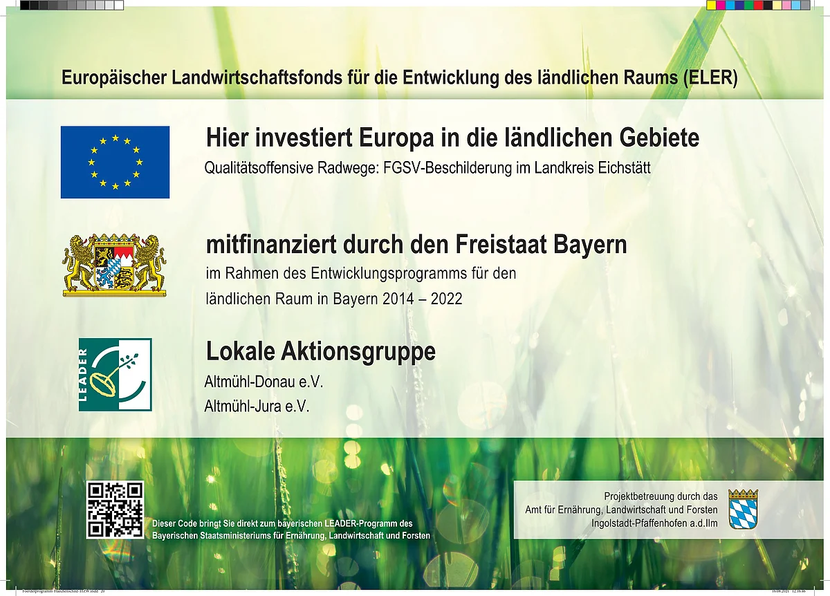 Erläuterungstafel FGSV-Förderung Europäischer Landwirtschaftsfonds unterstützt Radwege im Landkreis Eichstätt, kofinanziert durch Bayern, lokale Gruppen beteiligt.