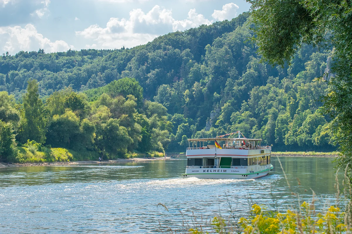 Schifffahrt durch die Weltenburger Enge Personenfähre auf Fluss vor bewaldetem Hügel bei sonnigem Himmel und Ufer mit Pflanzen im Vordergrund